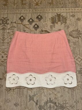 STAUD Linen Pink Mini Skirt with White Floral Eyelet Hem